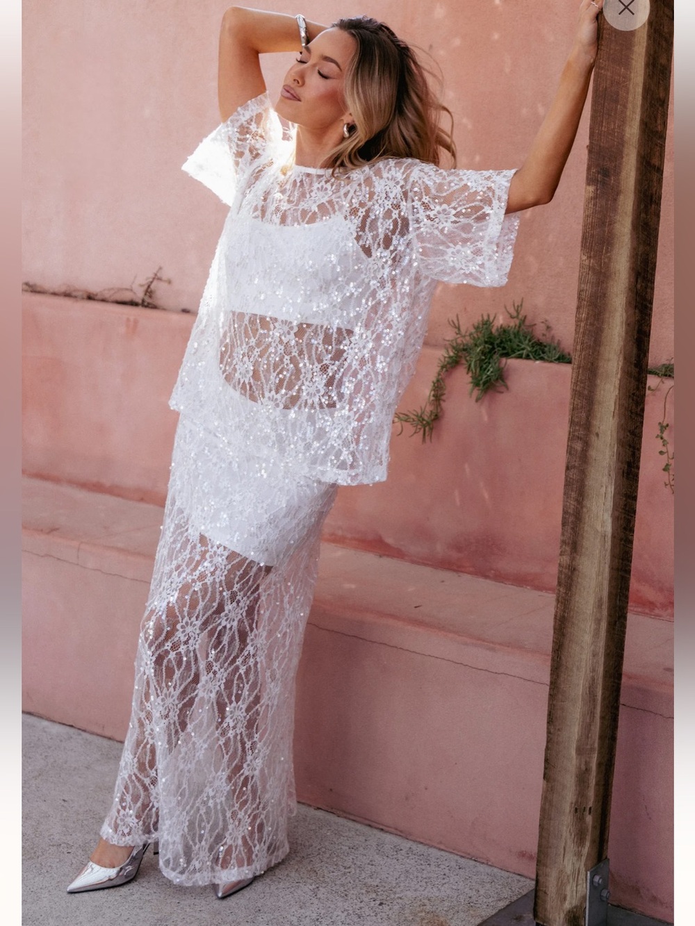 Petal & Pup White Sheer Lace Maxi Skirt with Sequins